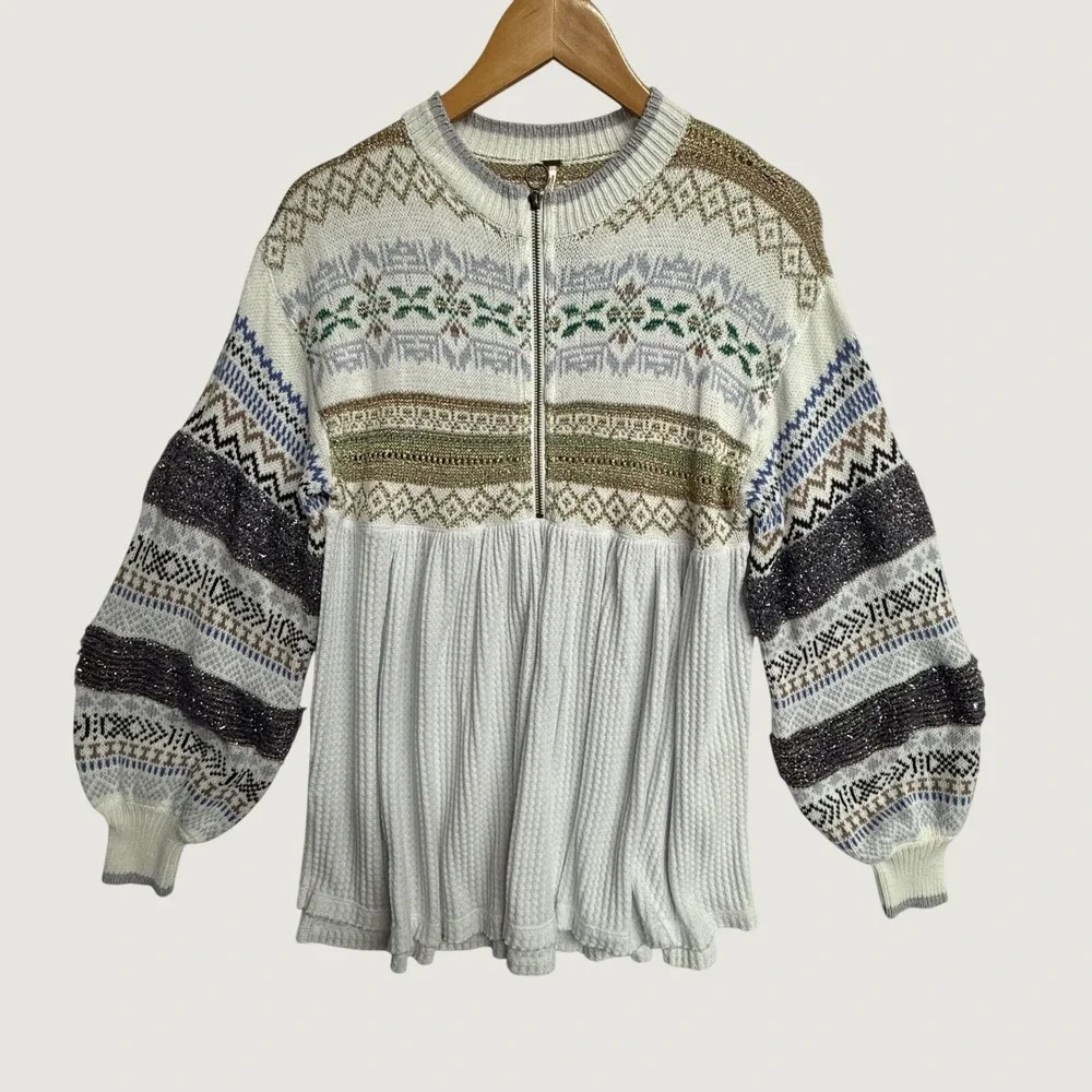 Free People Cozy Cottage Sweater XS Fair Isle Metallic Half Zip Cotton Peplum